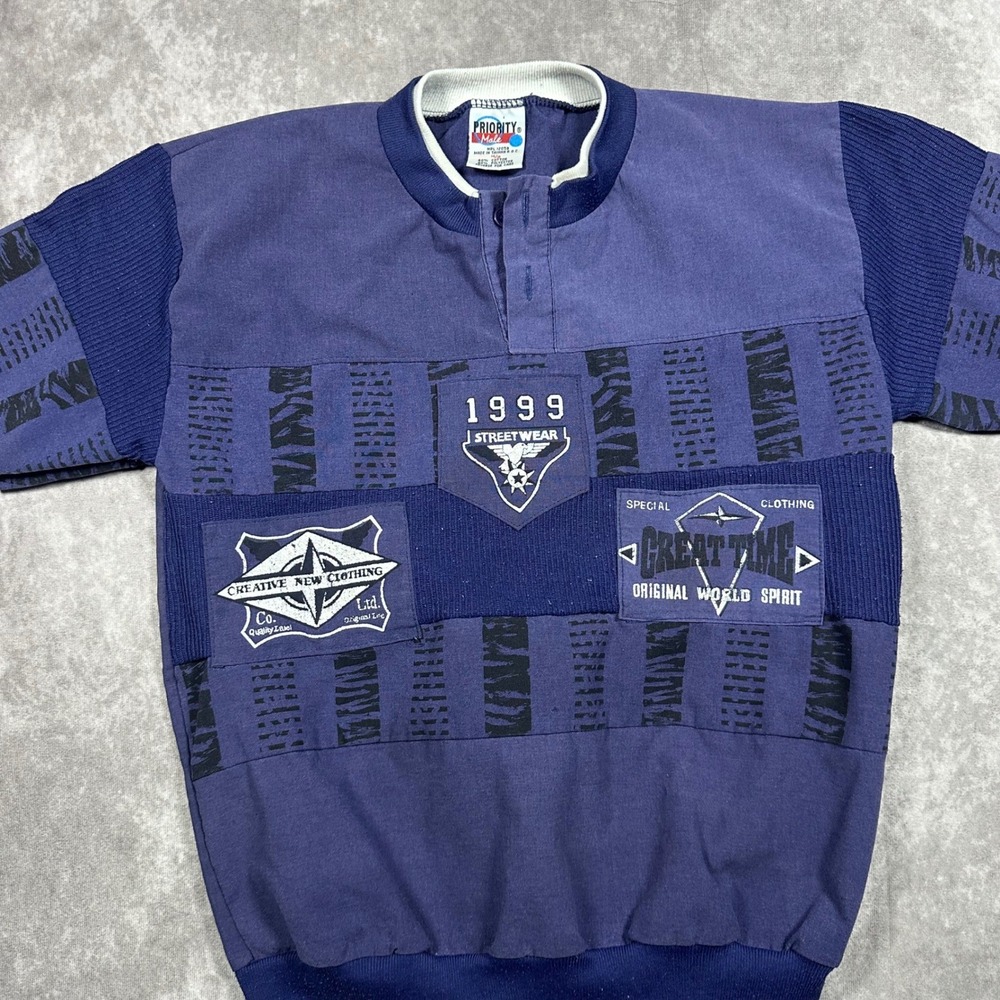 Vintage 90s Priority Male Streetwear Henley Shirt Blue Graphic Patch Boys 14/16 - Picture 3 of 6